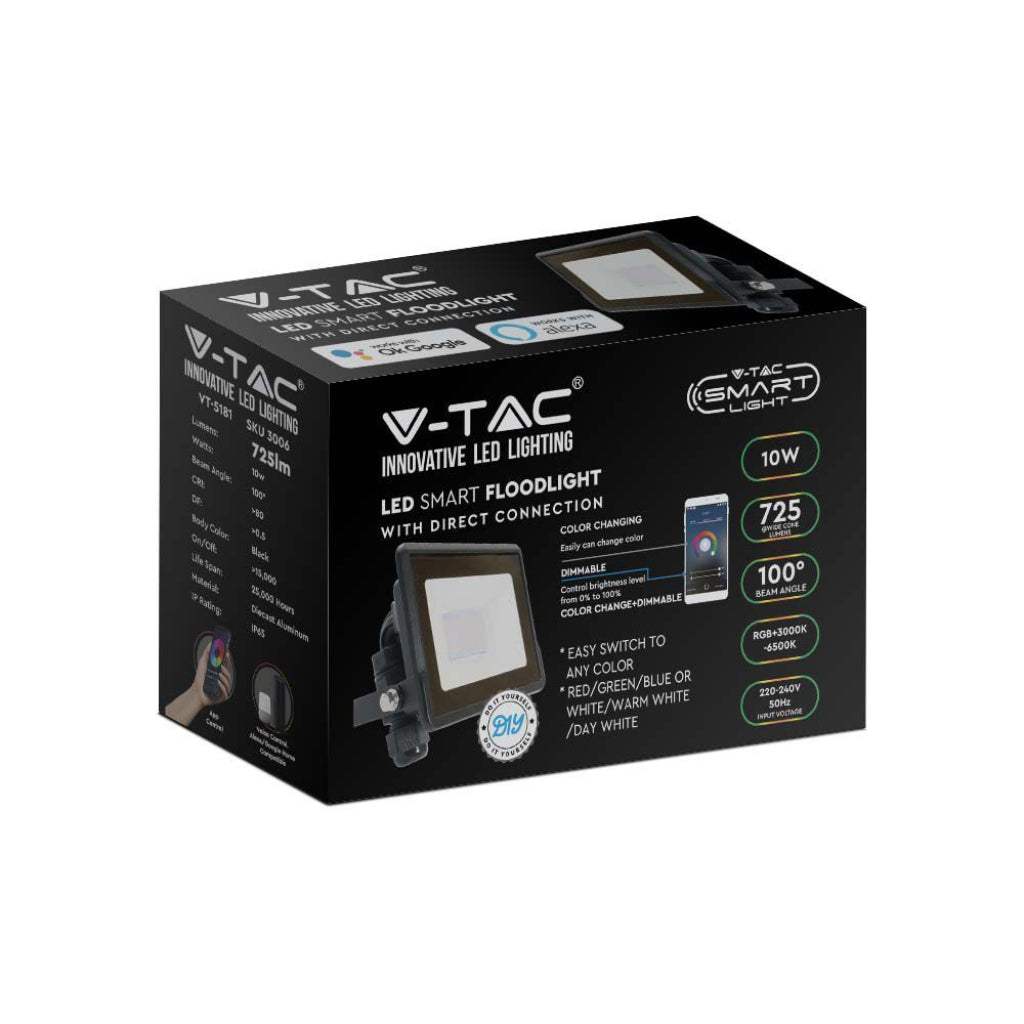 V-TAC Lampa naświetlacz LED 10W Kompatybilna z Google Home i Amazon Alexa poprzez aplikację V-Tac Smart RGB + 3000K + 6500K